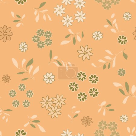 vector seamless pattern of stylized leaves and chamomile flowers on a peach background. Cozy, pastel, muted colors reprint for paper, girls clothes, home textiles. Can be applied to custom projects. 