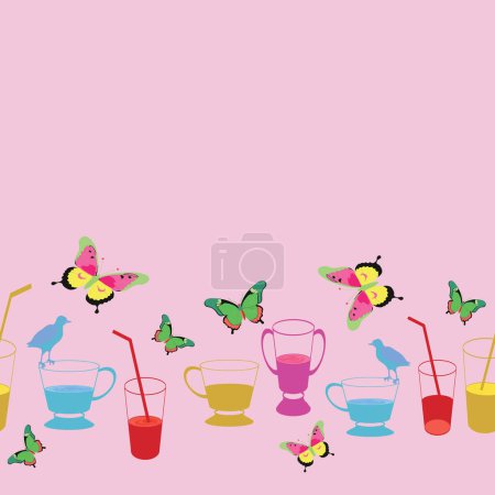 Vector nahtlose Muster von bunten verschiedenen Sommer-Cocktails, Getränke, Limonade, Eistee auf rosa Hintergrund mit roten Kirschen, bunte Schmetterlinge und Vögel Silhouetten. Perfekt für Picknicks
