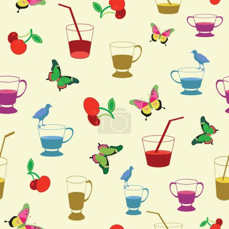 Vector nahtlose Muster von bunten verschiedenen Sommer-Cocktails, Getränke, Limonade, Eistee auf gelbem Hintergrund mit roten Kirschen, bunte Schmetterlinge und Vögel Silhouetten. Perfekt für Picknicks
