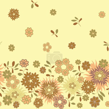 vector seamless border pattern of small brown, pink, green stylized leaves and flowers in the line. Cute pattern in earthy colors on a yellow color background. Vector illustration. floral, warm colors