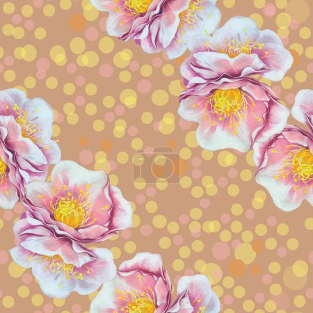 vector seamless pattern. Geometric style diagonal repeating spring flowers head , peach, cherry, fruit tree blossoms on peach, brown background with irregular polka dots ornament. Vector illustration