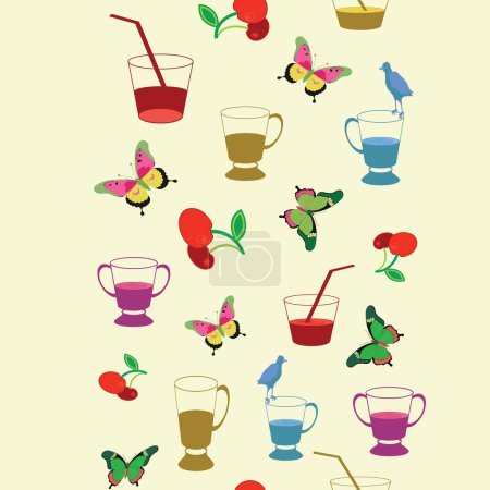 Vector nahtlose Muster von bunten verschiedenen Sommer-Cocktails, Getränke, Limonade, Eistee auf gelbem Hintergrund mit roten Kirschen, bunte Schmetterlinge und Vögel Silhouetten. Perfekt für Picknicks