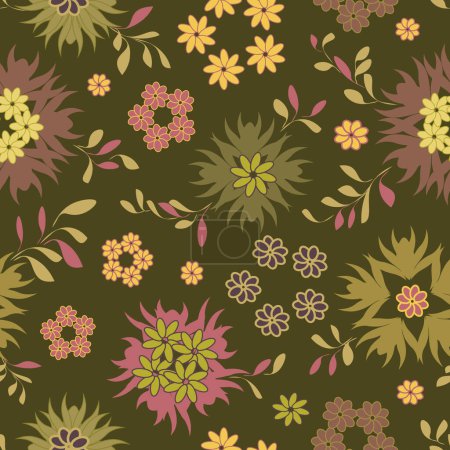 vector seamless pattern of stylized leaves and chamomile flowers on a dark green background. Cozy, pastel, muted colors reprint for paper, girls clothes, home textiles. Can be applied to custom