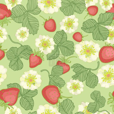 Vecteur sans couture répétant le motif de fleurs blanches de fraise en fleurs, de feuilles vertes et de fraises rouges sur un fond vert menthe pour le scrapbooking, les textiles de maison ou les vêtements pour enfants