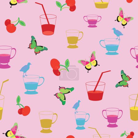 Vector nahtlose Muster von bunten verschiedenen Sommer-Cocktails, Getränke, Limonade, Eistee auf rosa Hintergrund mit roten Kirschen, bunte Schmetterlinge und Vögel Silhouetten. Perfekt für Picknicks