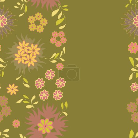 Vector, seamless, vertical strip composition, cute pattern of stylized small flowers, daisies, stars and leaves on a mossy green background. Boho style, floral, warm colors vector illustration for
