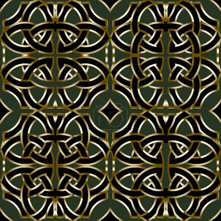 vector, seamless, geometric, orient stile gold lines pattern on dark green background. Vector illustration