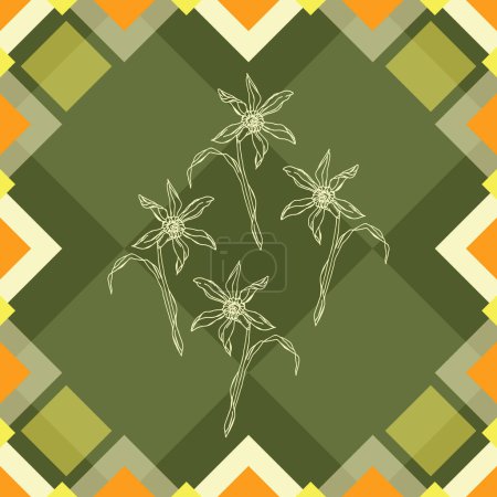 Vector seamless classic colorful geometric diamond shapes harlequin pattern with hand drawn line blooming narcissus on dark green background. Vertical pattern. For home decor. Gender neutral. Vector