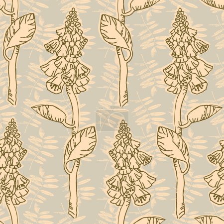 Illustration for Vector horizontal seamless brown lines hand drawn floral pattern of campanula, blue bell on grunge textured old style rustic leaves background. for textile, home decor, vintage packing projects - Royalty Free Image