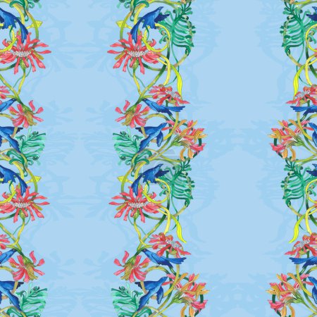 Vektor, nahtlose, vertikal gestreifte Komposition, handgezeichnetes Muster aus miteinander verflochtenen Zweigen blühender rosa Gänseblümchenblümchen und Blättern mit blauen Vögeln und dunkleren blauen Schatten auf hellblauem Hintergrund
