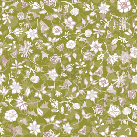 Hand-drawn, doodle, non-directional, tossed floral pattern of wild abstract flowers drawn in light lines on a warm green background. Vector seamless pattern for summer clothes, baby bedding, home