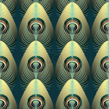 Abstract, geometric, vertical composition peacock gold feather motif on an emerald green background, luxurious vector pattern. Vector illustration