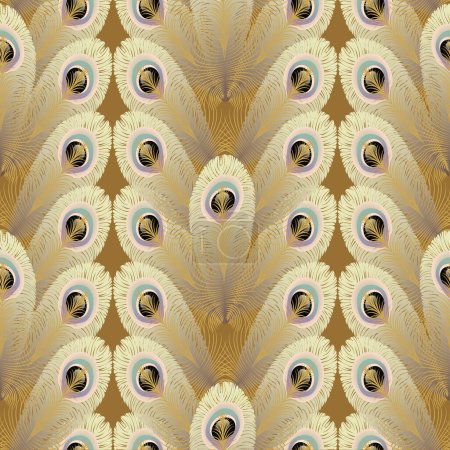 Ilustración de Abstracto, geométrico, vertical a rayas composición del ventilador blanco motivo de la pluma del pavo real de oro sobre un fondo marrón cálido, patrón de vectores de lujo coloreado en colores pastel. Para embalaje de artículos de lujo - Imagen libre de derechos