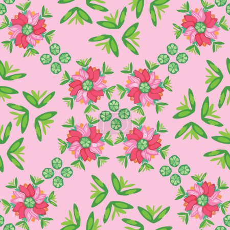 Ilustración de Vector, patrón geométrico sin costuras de composición mandala tulipán rosa oscuro y hojas verdes sobre fondo rosa. Dos patrones direccionales para detalles brillantes en sus proyectos de diseño de verano. Simple, repetición - Imagen libre de derechos