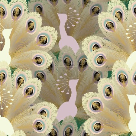 A beige and pink abstract peacock with a fan of golden feathers on a dark green background. Vector seamless, vertical glamor surface pattern. Gender neutral. For bedroom textiles, curtains, decorative