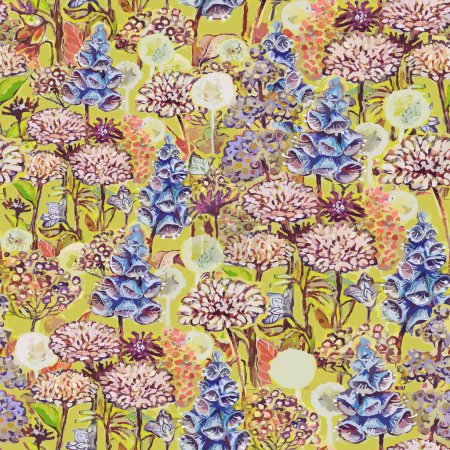 Seamless vertical, painted, vector pattern of blooming colorful wild flower endless meadow. Bluebells, cauldrons, cornflowers, chrysanthemums, asters, dandelions bloom here. Pattern for homme textiles