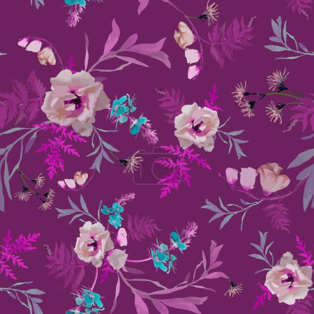 Vector, seamless, non-directional pattern of pink, purple, blue wild flowers on dark burgundy background. White thistles, cornflowers, veronica chamaedrys, meadow leaves. A modern motif of a bouquet