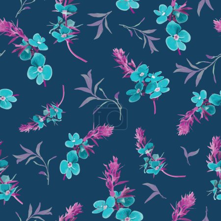 Vektor-florales, nicht-direktionales Muster aus rosa und lila wilden Veronika-Blüten und Blättern auf dunkelblauem Hintergrund. Für Heimtextilien, Sommerbekleidung für Frauen, Vorhänge, Bettwäsche, Verpackungsprojekte