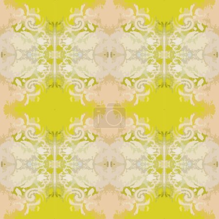 Vector, seamless geometric, abstract shapes and colors pattern of aged white damask ornament on grunge yellow background. Created from my painting details. For bedding, curtains, bags and other light