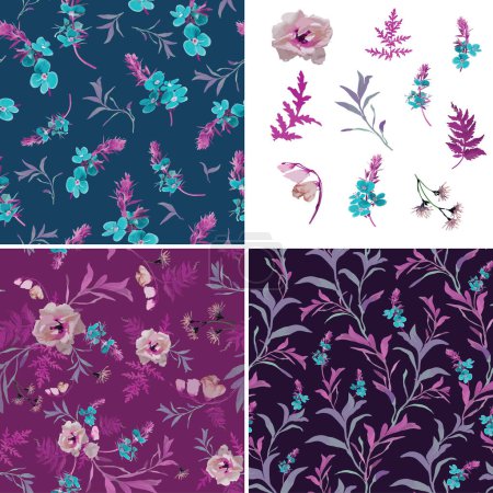 Vector blue, pink and purple color set of three pattern and their isolated wild flower and meadow leaf elements for your design projects. For creating packaging, textiles, scrapbooking, homme decor