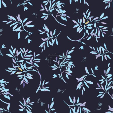 vector, floral, non directional doodle pattern of moon blooming branches and simple tulip silhouettes on dark purple background. Midnight flowers. For clothes, textiles, invitations, scrapbooking