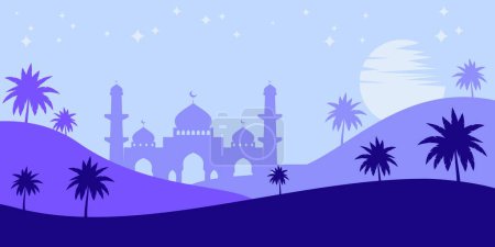 Islamischer blauer Hintergrund mit Silhouetten von Bergen, Moschee, Kokospalmen, Mond und Sternen. Vektorvorlage für Banner, Grußkarten, soziale Medien, Plakate für islamische Feiertage, eid al-fitr, ramadan
