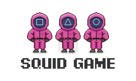 cartoon pixel art characters in red overalls workers or soldiers of squid game