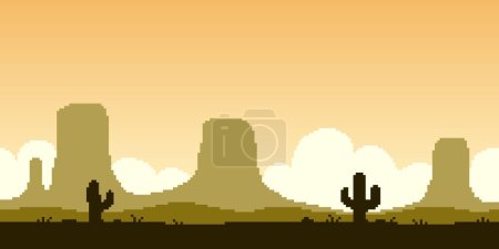 Téléchargez les illustrations : Illustration horizontale de pixel art vectoriel simple et coloré du paysage du Grand désert américain avec des roches et des cactus dans un style de plateforme rétro - en licence libre de droit