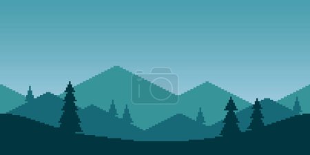 Téléchargez les illustrations : Illustration horizontale de pixel art vectoriel simple et coloré du paysage de montagne du matin avec sapins dans le style rétro platformer - en licence libre de droit
