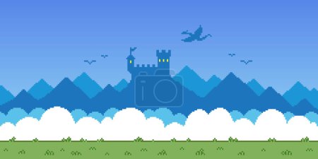 Colorful simple vector pixel art horizontal illustration of fantasy fortress and dragon in the sky in retro platformer style
