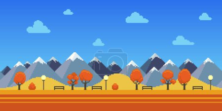 Colorful simple cartoon vector pixel art seamless endless horizontal illustration of autumn park with view of the snowy peaks of the mountains in retro platformer style. Arcade screen for game design