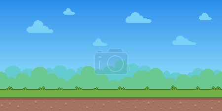 Bunte einfache Vektor-Pixelkunst horizontale Darstellung der Outdoor-Landschaft Hintergrund. Pixel-Arcade-Bildschirm für das Spieldesign. Spieledesign-Konzept im Retro-Stil