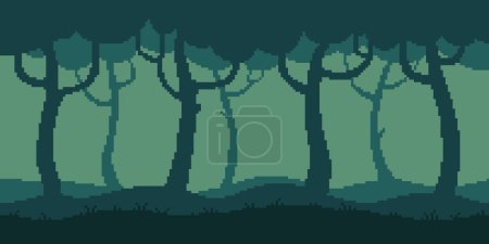 Ilustración de Colorido simple vector pixel art ilustración horizontal de bosque oscuro en el estilo de plataformas retro nivel de videojuego - Imagen libre de derechos
