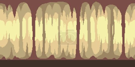 Ilustración de Colorido simple vector pixel arte ilustración horizontal de la cueva de estalagmitas y estalactitas en el estilo de plataformas retro nivel de videojuegos - Imagen libre de derechos