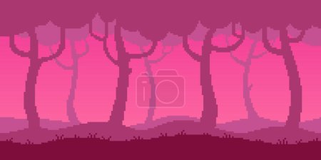 Colorful simple vector pixel art horizontal illustration of dark forest in the style of retro platformer video game level