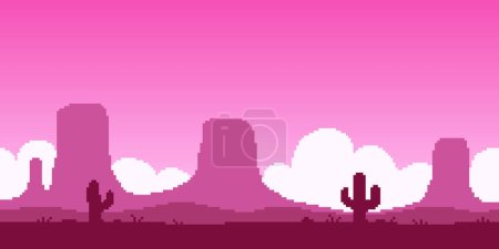 Téléchargez les illustrations : Illustration horizontale de pixel art vectoriel simple et coloré du paysage marron rose du Grand désert américain avec des rochers et des cactus dans un style de plateforme rétro - en licence libre de droit