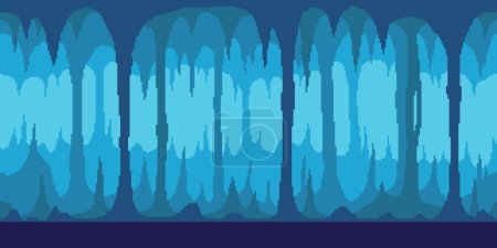 Ilustración de Colorido simple vector pixel arte ilustración horizontal de la cueva azul de estalagmitas y estalactitas en el estilo de plataformas retro nivel de videojuegos - Imagen libre de derechos