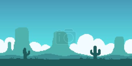 Téléchargez les illustrations : Illustration horizontale de pixel art vectoriel simple et coloré du paysage turquoise du Grand désert américain avec des roches et des cactus dans un style rétro platformer - en licence libre de droit