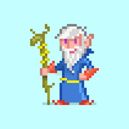 Illustration for 8bit colorful simple vector pixel art illustration of cartoon greybeard elf mage druid with branch of staff - Royalty Free Image