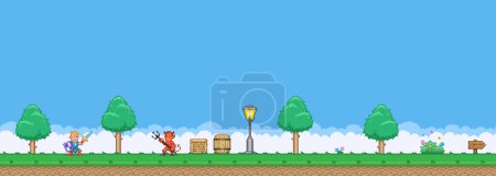 Illustration for 8bit colorful simple vector pixel art horizontal illustration of cartoon Hero Knight Templar and demon bet in retro video game platformer level style - Royalty Free Image