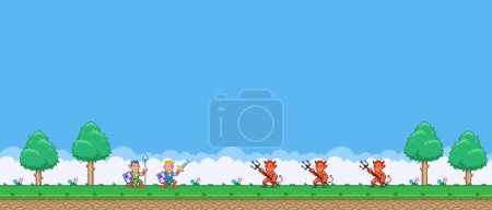 Illustration de pixel art vectoriel simple coloré 8bit de dessin animé deux chevaliers templier contre trois démons avec tridents dans le style de jeu vidéo rétro plate-forme de niveau
