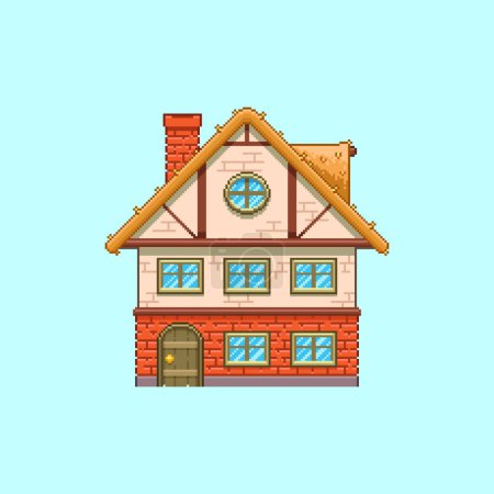 8bit colorful simple vector pixel art illustration of cartoon two-story house in retro video game platformer level style