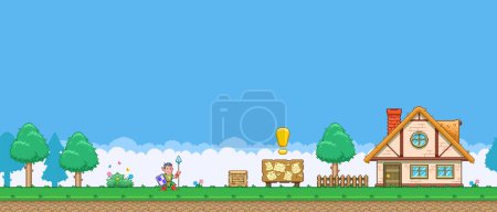 Téléchargez les illustrations : Illustration de pixel art vectoriel simple et coloré 8bit du lanceur de chevalier de bande dessinée marchant de la forêt à la maison avec tableau d'affichage dans un style de jeu vidéo rétro niveau plateforme - en licence libre de droit