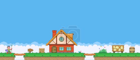 Téléchargez les illustrations : Illustration de pixel art vectoriel simple et coloré 8bit du lanceur de chevalier de bande dessinée marchant jusqu'à la maison avec tableau d'affichage dans un style de jeu vidéo rétro de niveau plateforme - en licence libre de droit