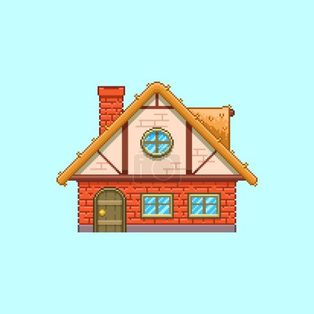 8bit colorful simple vector pixel art illustration of cartoon one-story house in retro video game platformer level style