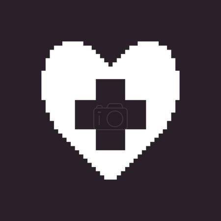 black and white simple flat 1bit pixel art abstract medical cross inside heart icon