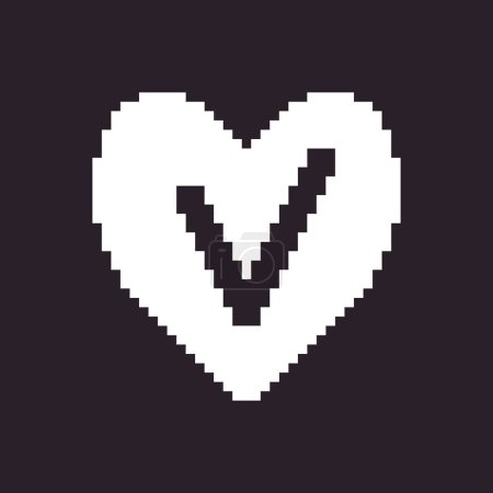 black and white simple flat 1bit pixel art abstract heart with check mark inside icon