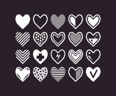 Schwarz-weiß einfache 1-Bit-Pixel-Art-Set mit verschiedenen abstrakten Herzsymbolen