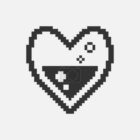 black and white simple flat 1bit pixel art abstract heart half filled with magical liquid icon