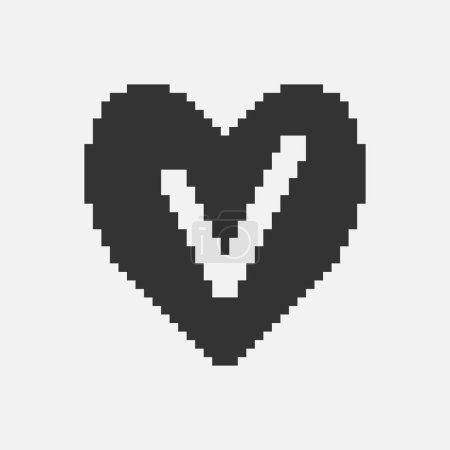 black and white simple flat 1bit pixel art abstract heart with check mark inside icon